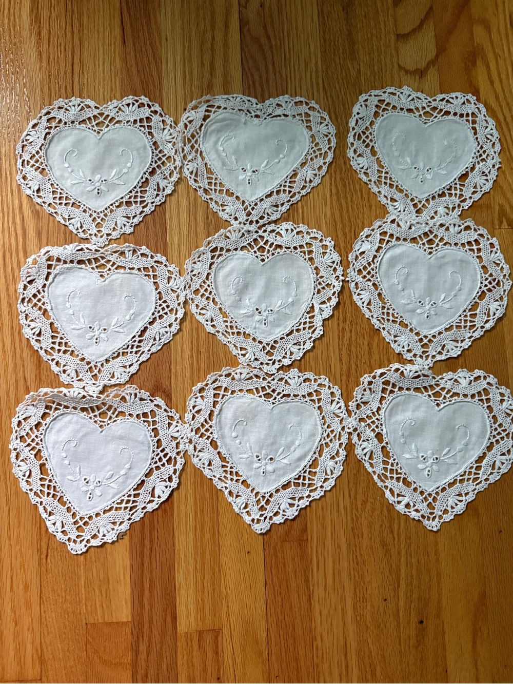 Set of 9 White Heart Lace Doilies like new
